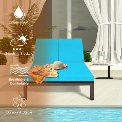 2-Person Patio Rattan Lounge Chair with Adjustable Backrest-Turquoise - Turquoise - Outdoor Chaise Lounges