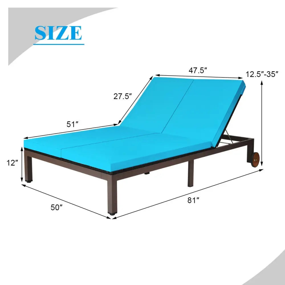 2-Person Patio Rattan Lounge Chair with Adjustable Backrest-Turquoise - Turquoise - Outdoor Chaise Lounges