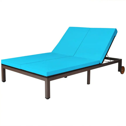 2-Person Patio Rattan Lounge Chair with Adjustable Backrest-Turquoise - Turquoise - Outdoor Chaise Lounges