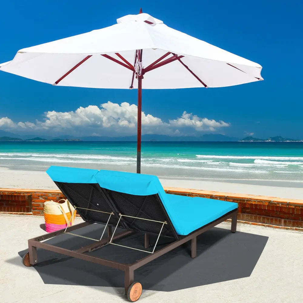 2-Person Patio Rattan Lounge Chair with Adjustable Backrest-Turquoise - Turquoise - Outdoor Chaise Lounges