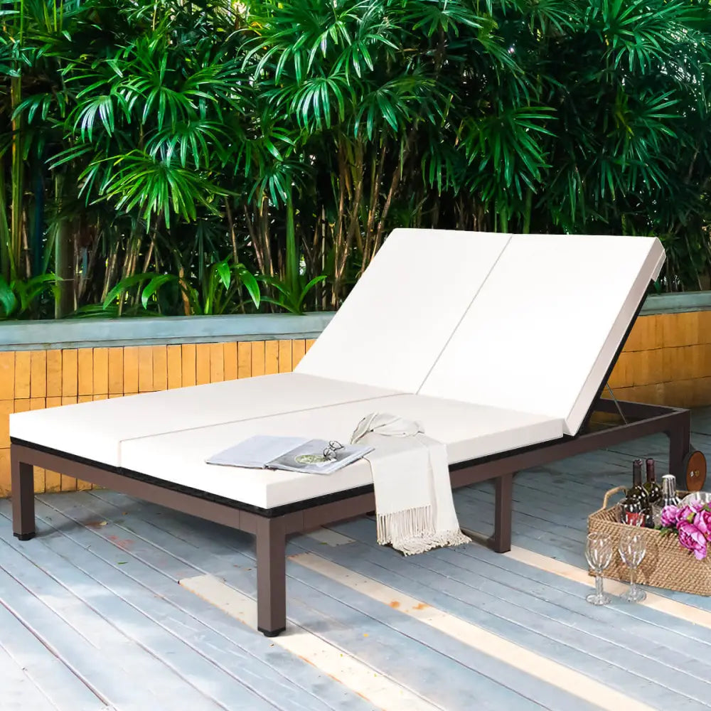 2-Person Patio Rattan Lounge Chair with Adjustable Backrest-White - White - Outdoor Chaise Lounges