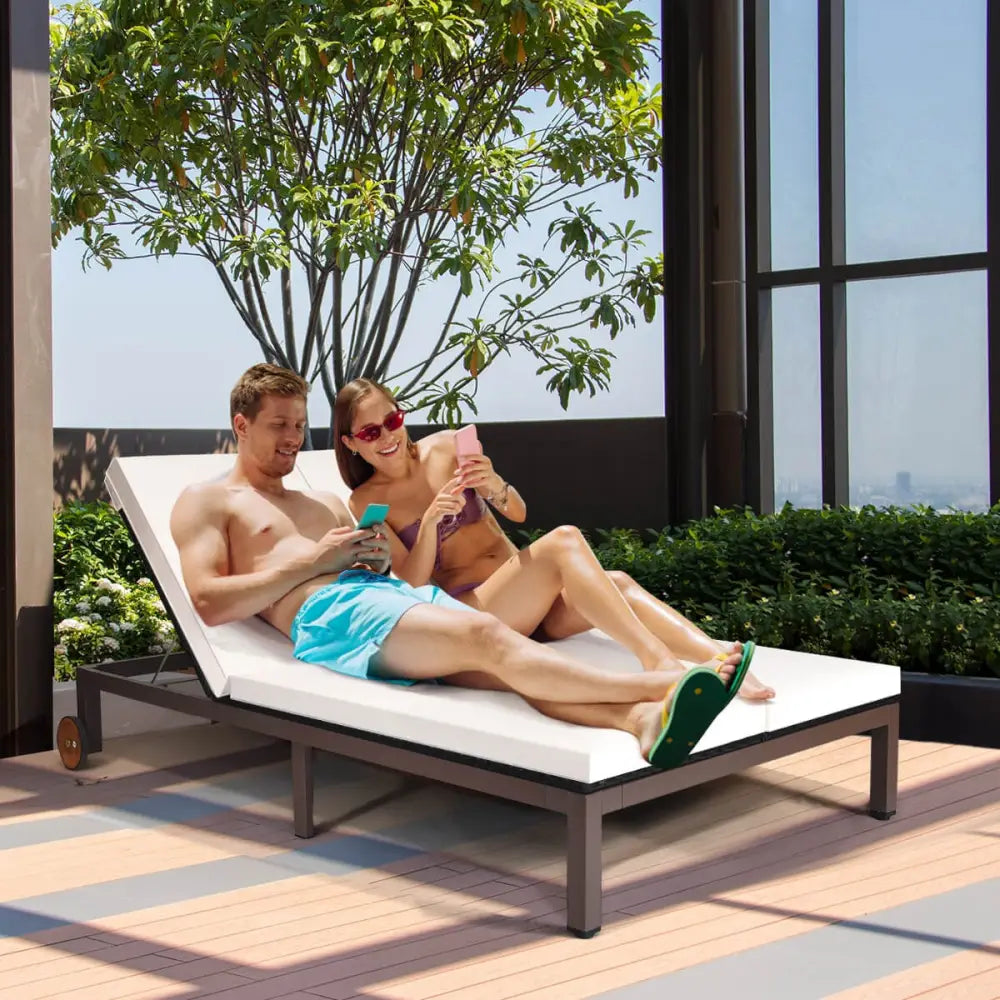 2-Person Patio Rattan Lounge Chair with Adjustable Backrest-White - White - Outdoor Chaise Lounges