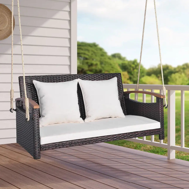 2-Person Patio Rattan Porch Swing - Brown - Porch Swings