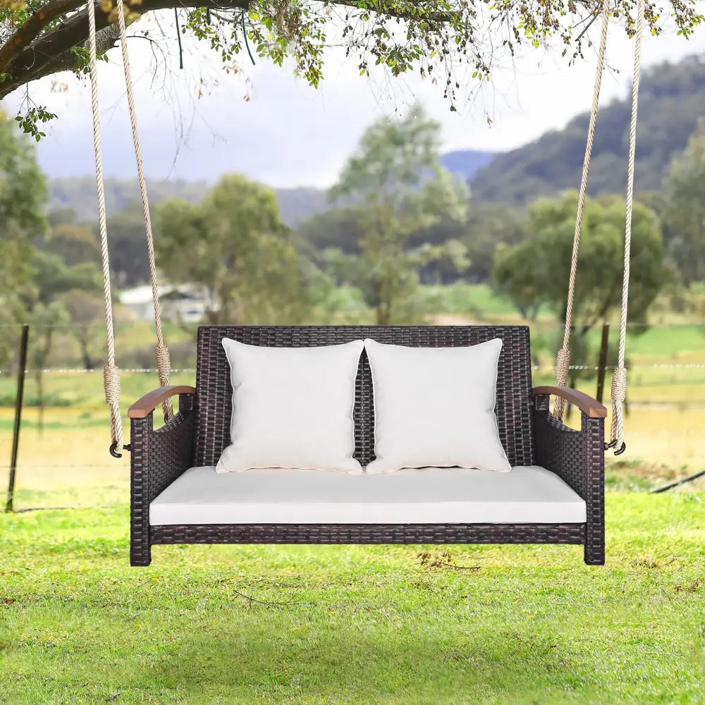 2-Person Patio Rattan Porch Swing - Brown - Porch Swings