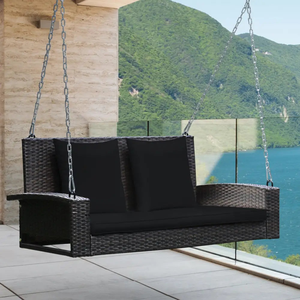 2-Person Patio Rattan Porch Swing with Cushions-Black - Black - Porch Swings