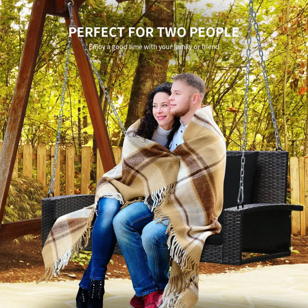 2-Person Patio Rattan Porch Swing with Cushions-Black - Black - Porch Swings