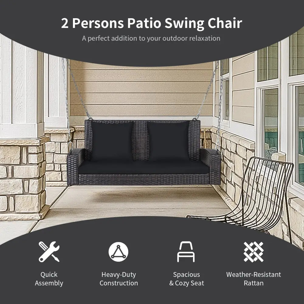 2-Person Patio Rattan Porch Swing with Cushions-Black - Black - Porch Swings