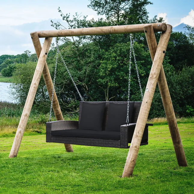 2-Person Patio Rattan Porch Swing with Cushions-Black - Black - Porch Swings