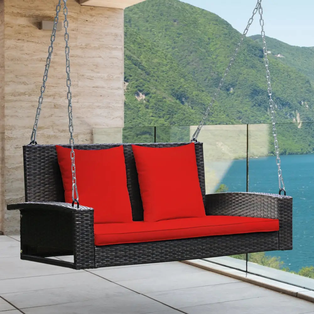 2-Person Patio Rattan Porch Swing with Cushions-Red - Red - Porch Swings