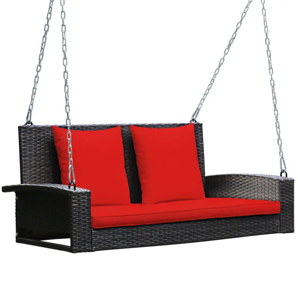 2-Person Patio Rattan Porch Swing with Cushions-Red - Red - Porch Swings