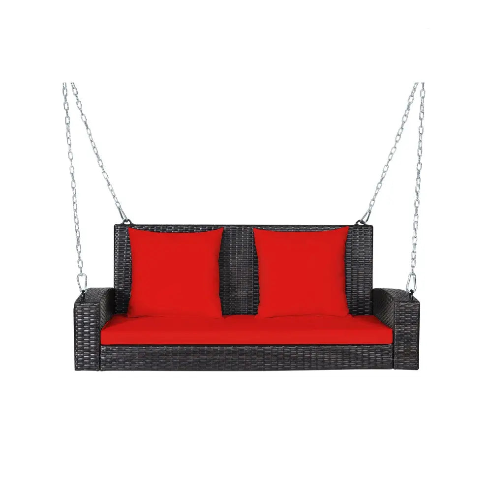 2-Person Patio Rattan Porch Swing with Cushions-Red - Red - Porch Swings