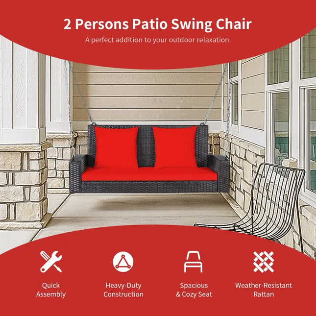 2-Person Patio Rattan Porch Swing with Cushions-Red - Red - Porch Swings