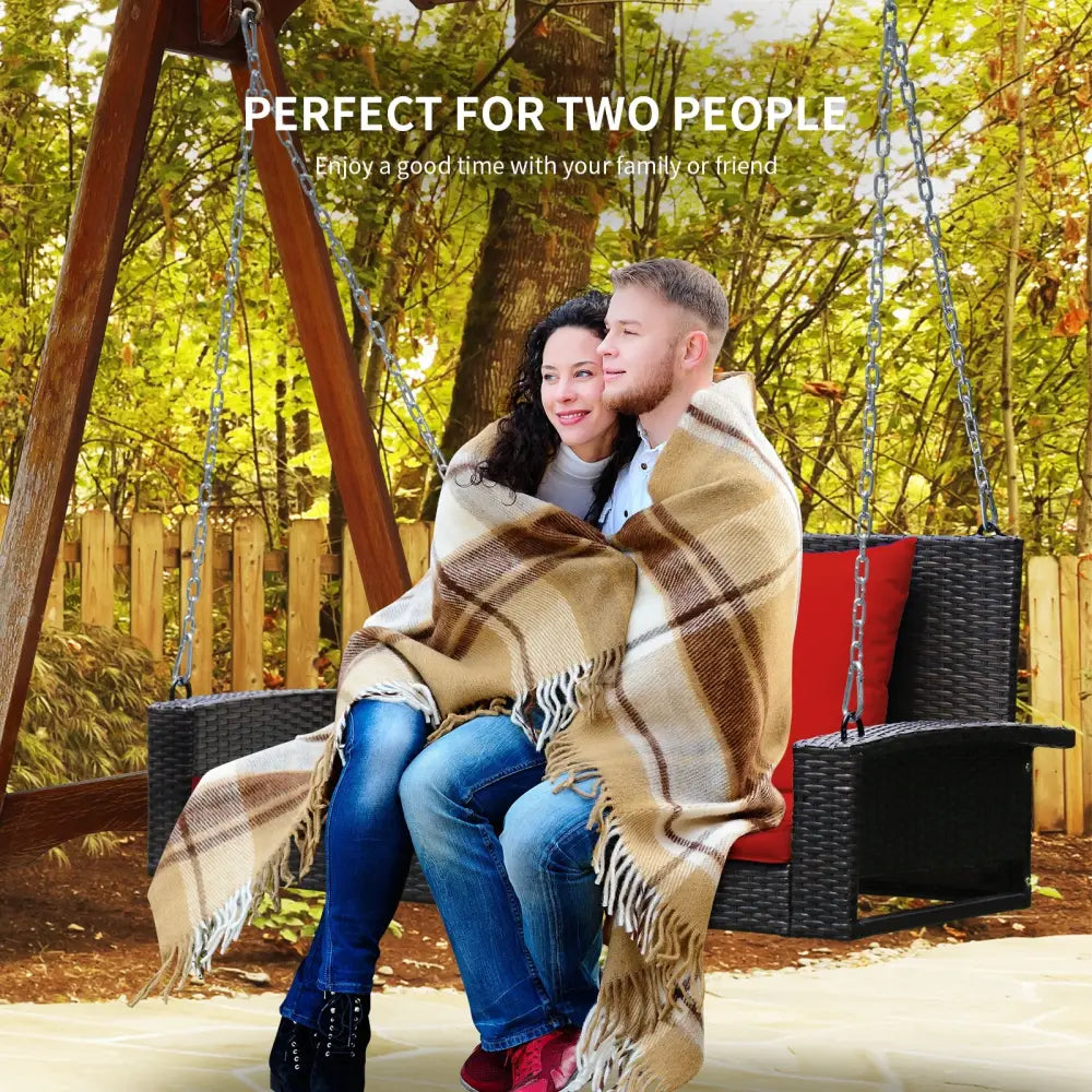 2-Person Patio Rattan Porch Swing with Cushions-Red - Red - Porch Swings