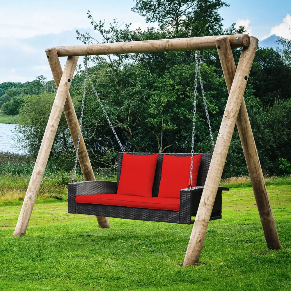 2-Person Patio Rattan Porch Swing with Cushions-Red - Red - Porch Swings