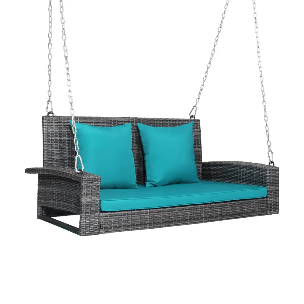 2-Person Patio Rattan Porch Swing with Cushions-Turquoise - Turquoise - Porch Swings