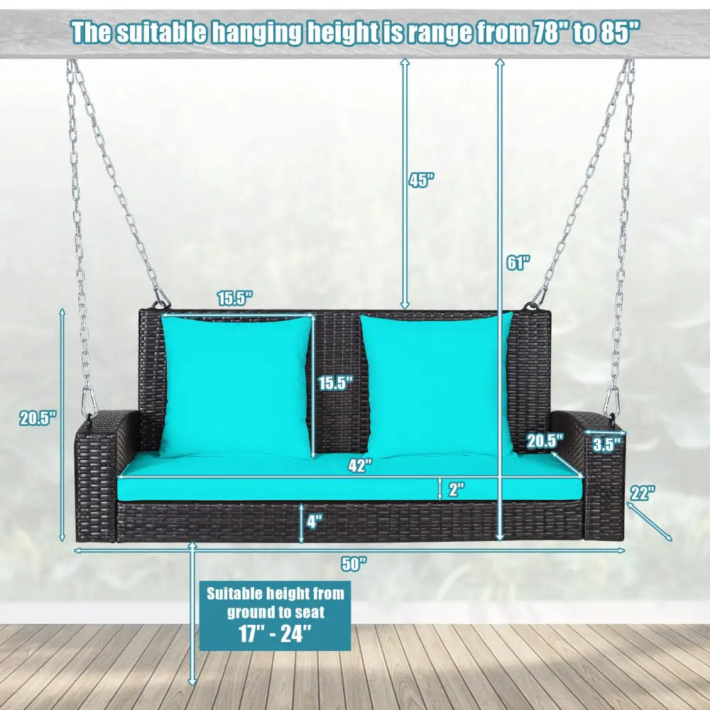 2-Person Patio Rattan Porch Swing with Cushions-Turquoise - Turquoise - Porch Swings