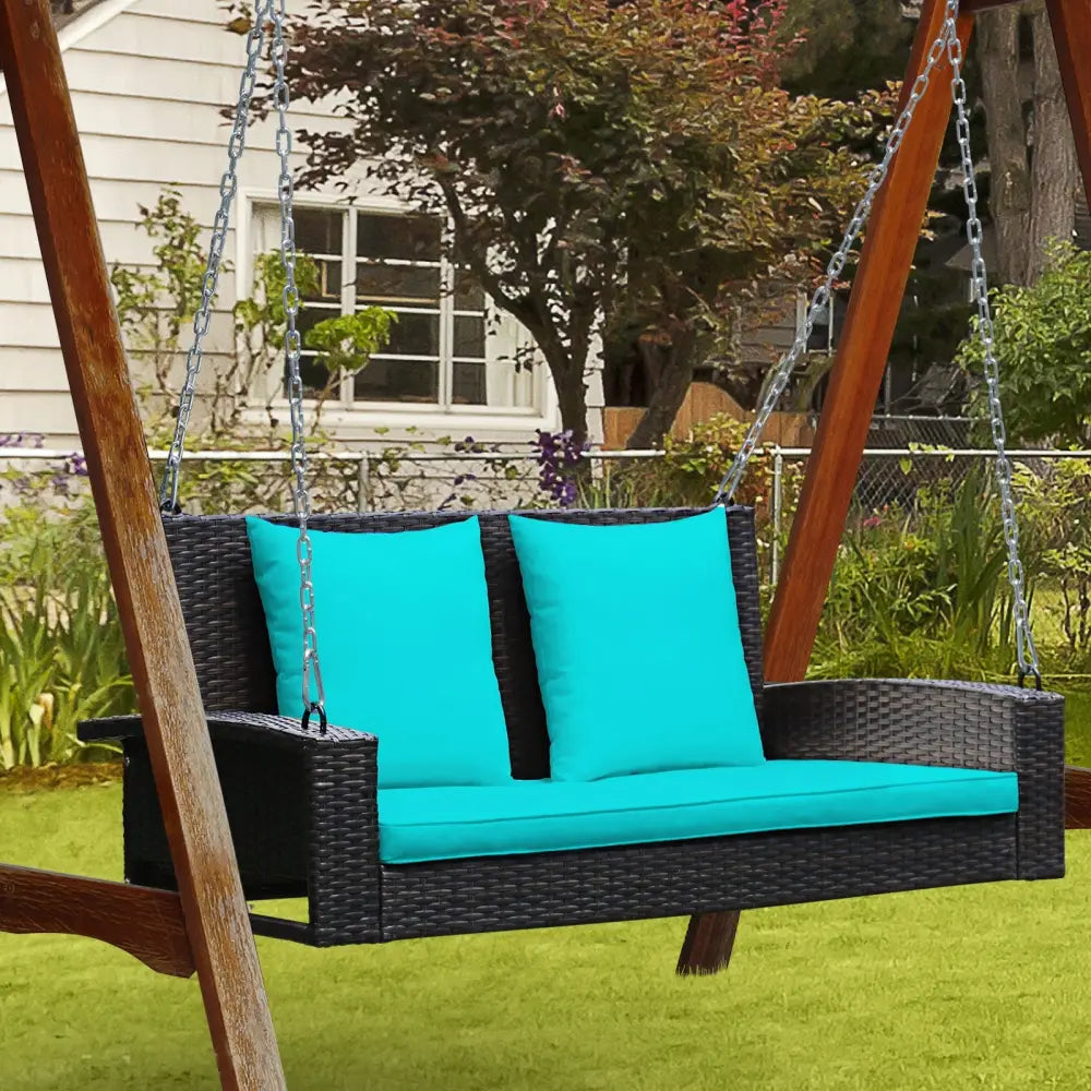 2-Person Patio Rattan Porch Swing with Cushions-Turquoise - Turquoise - Porch Swings