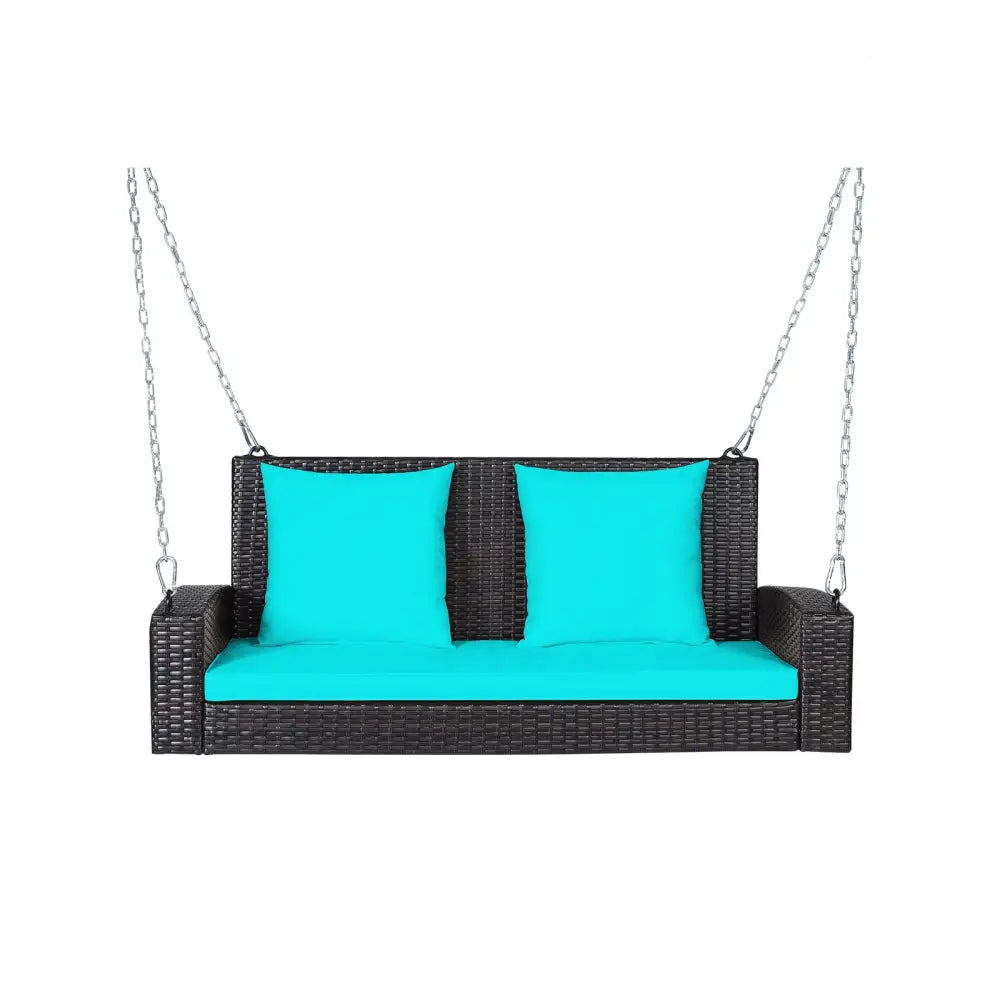 2-Person Patio Rattan Porch Swing with Cushions-Turquoise - Turquoise - Porch Swings