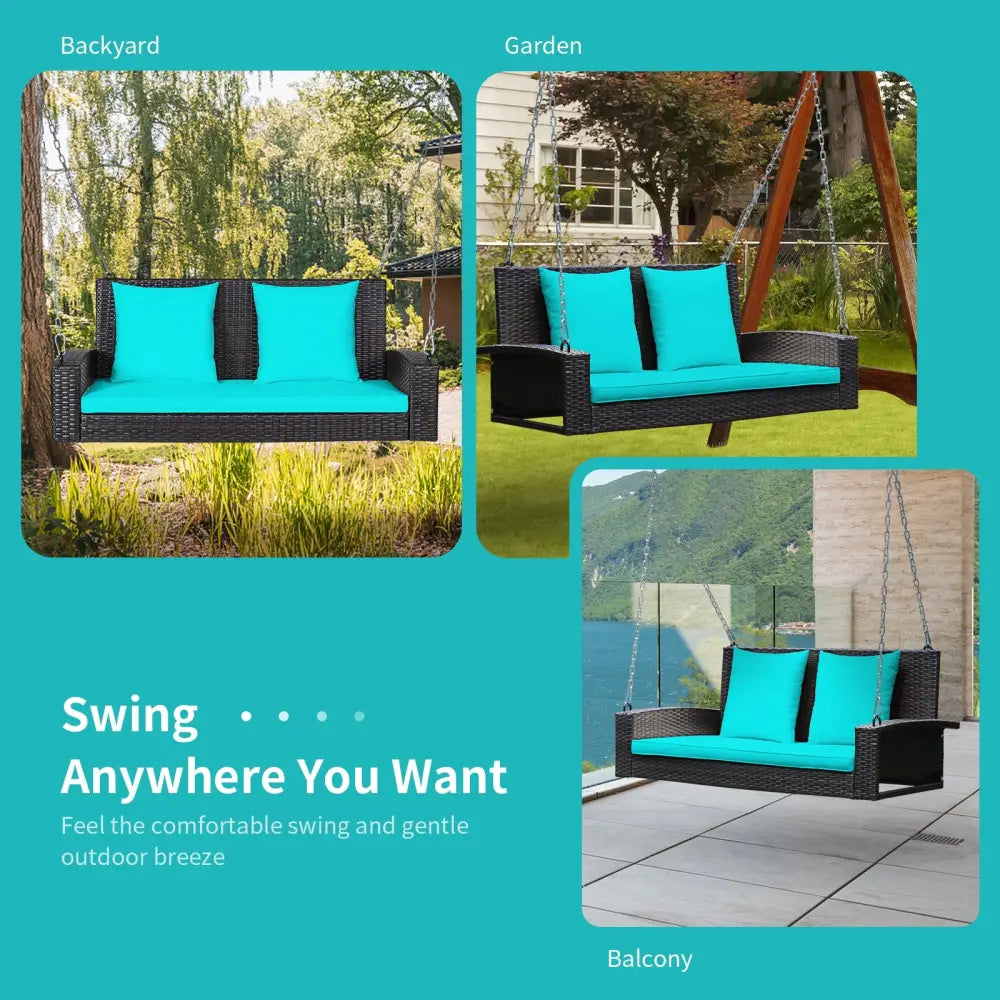 2-Person Patio Rattan Porch Swing with Cushions-Turquoise - Turquoise - Porch Swings