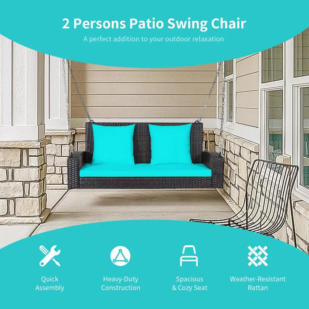2-Person Patio Rattan Porch Swing with Cushions-Turquoise - Turquoise - Porch Swings