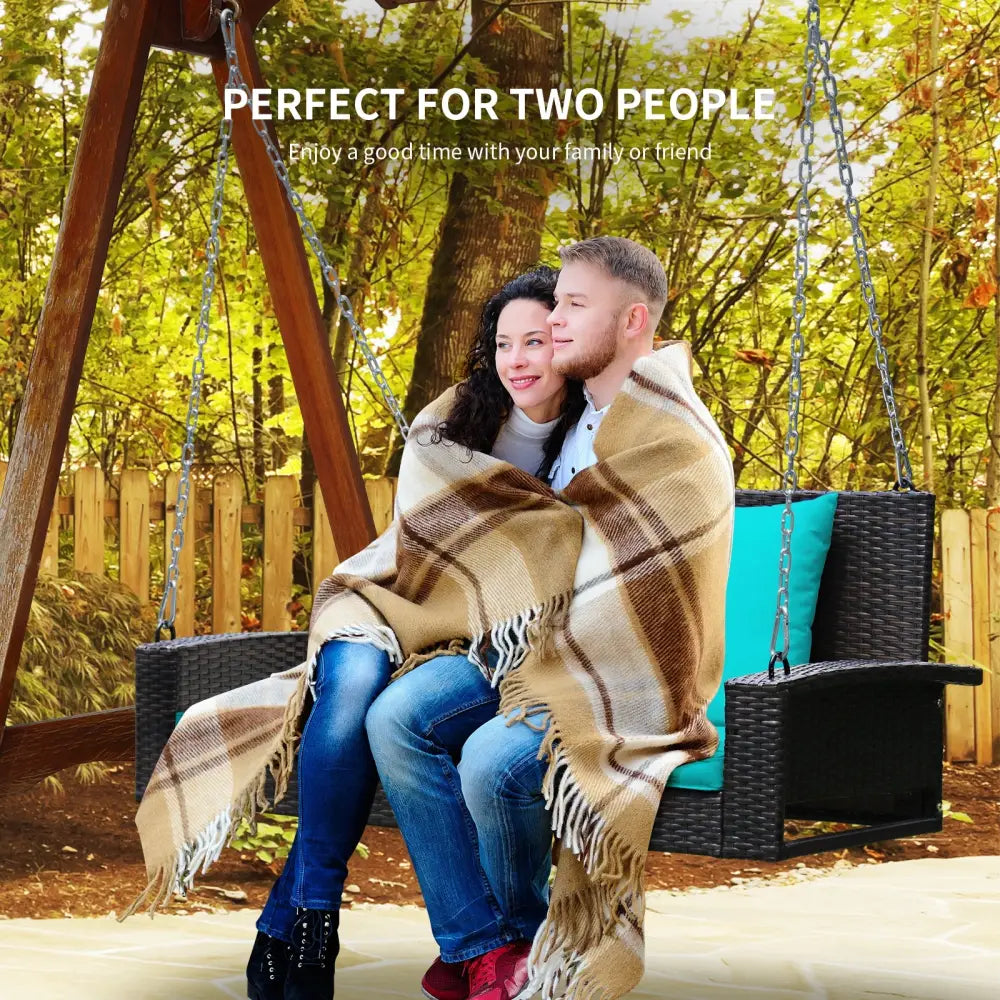 2-Person Patio Rattan Porch Swing with Cushions-Turquoise - Turquoise - Porch Swings
