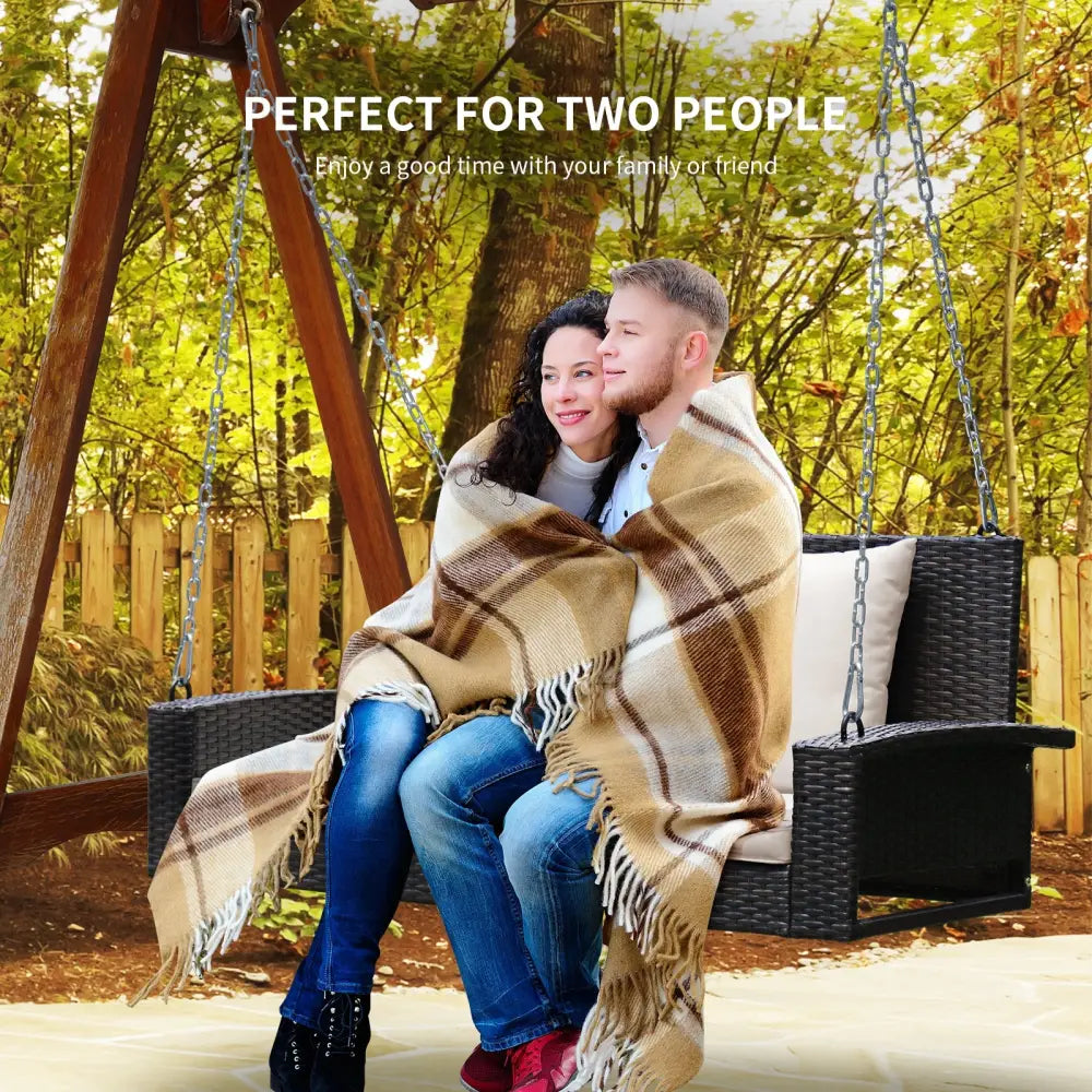2-Person Patio Rattan Porch Swing with Cushions-White - White - Porch Swings