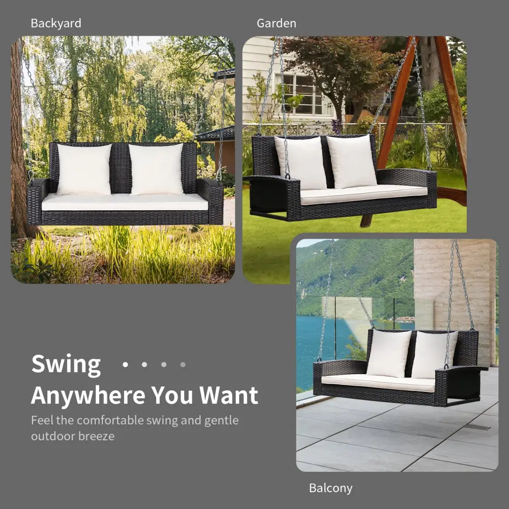 2-Person Patio Rattan Porch Swing with Cushions-White - White - Porch Swings