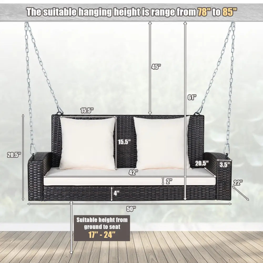 2-Person Patio Rattan Porch Swing with Cushions-White - White - Porch Swings
