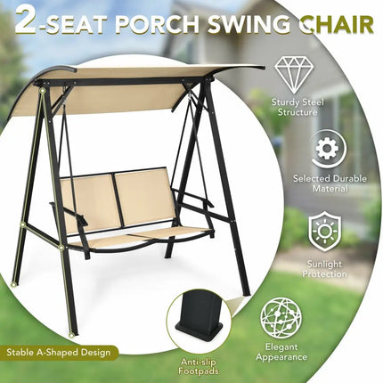 2 Person Patio Swing with Weather Resistant Glider and Adjustable Canopy-Beige - Beige - Porch Swings