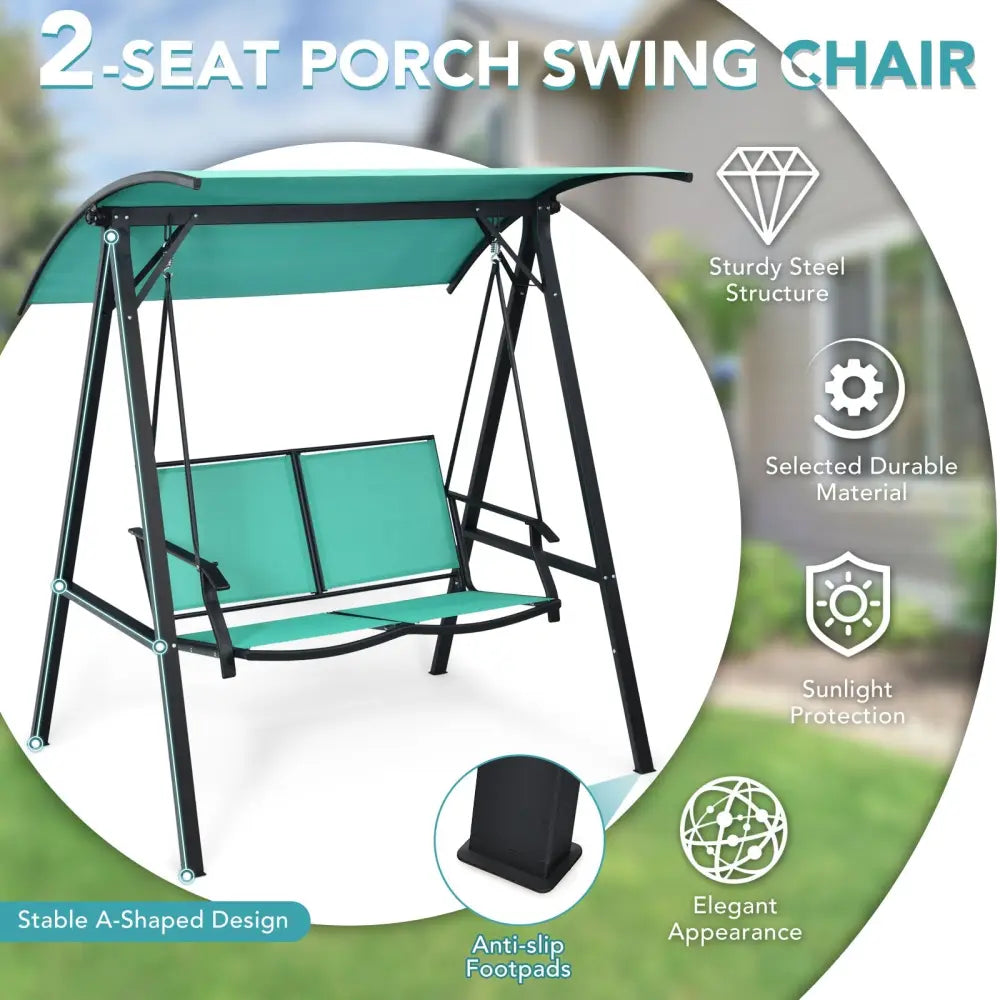 2 Person Patio Swing with Weather Resistant Glider and Adjustable Canopy-Green - Green - Porch Swings