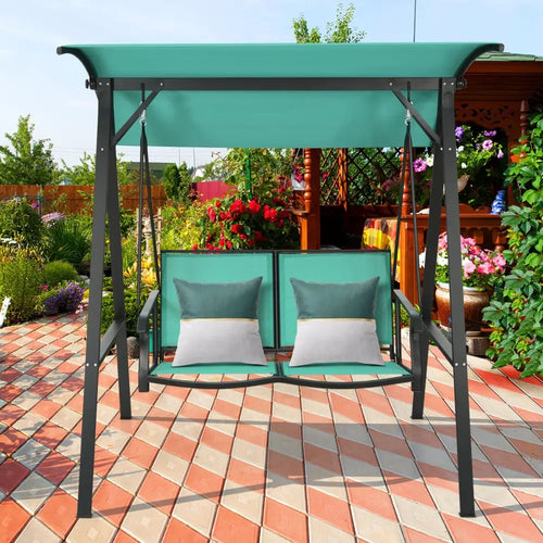 2 Person Patio Swing with Weather Resistant Glider and Adjustable Canopy-Green - Green - Porch Swings