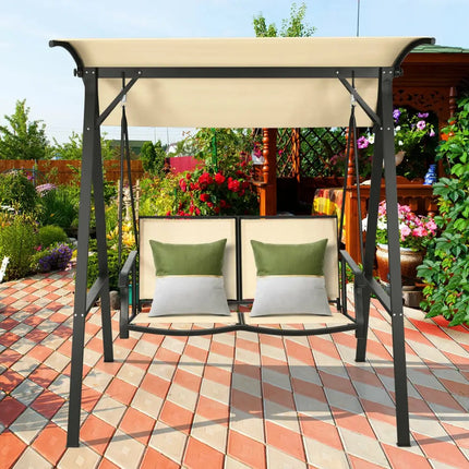 2 Person Patio Swing with Weather Resistant Glider and Adjustable Canopy-Beige - Beige - Porch Swings