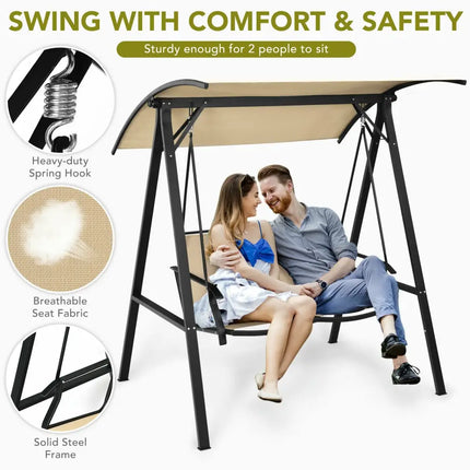 2 Person Patio Swing with Weather Resistant Glider and Adjustable Canopy-Beige - Beige - Porch Swings