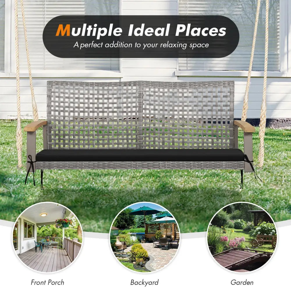 2-Person Patio Wicker Hanging Swing Chair-Black - Black - Porch Swings