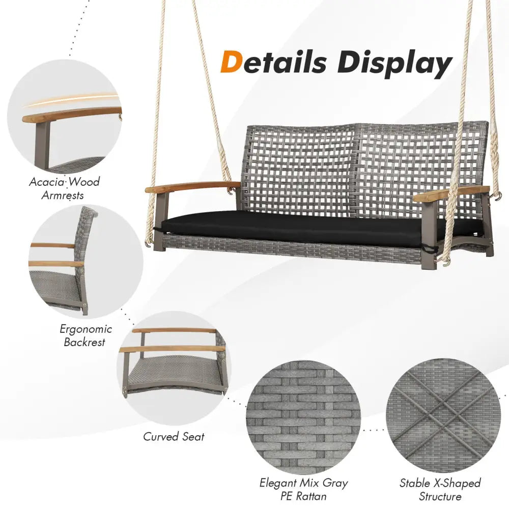2-Person Patio Wicker Hanging Swing Chair-Black - Black - Porch Swings