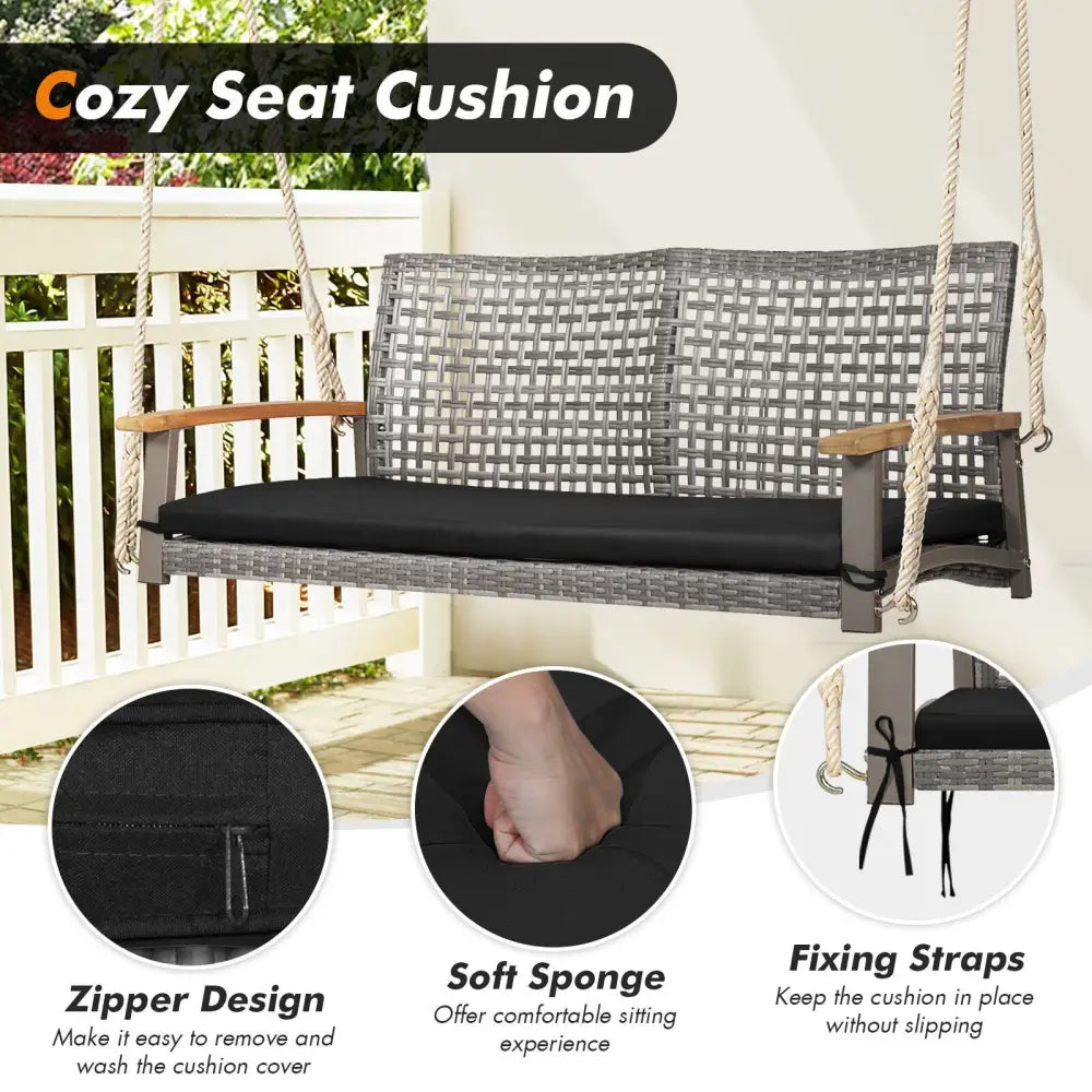 2-Person Patio Wicker Hanging Swing Chair-Black - Black - Porch Swings