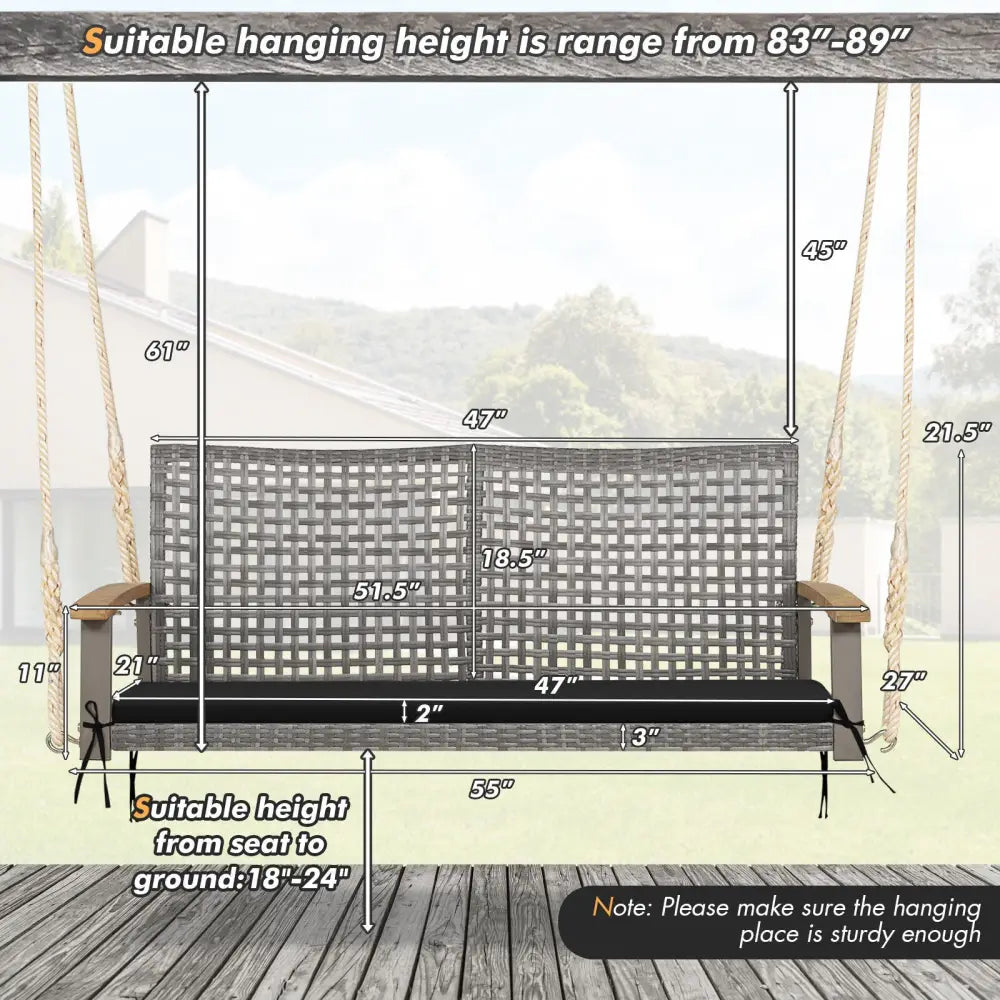 2-Person Patio Wicker Hanging Swing Chair-Black - Black - Porch Swings