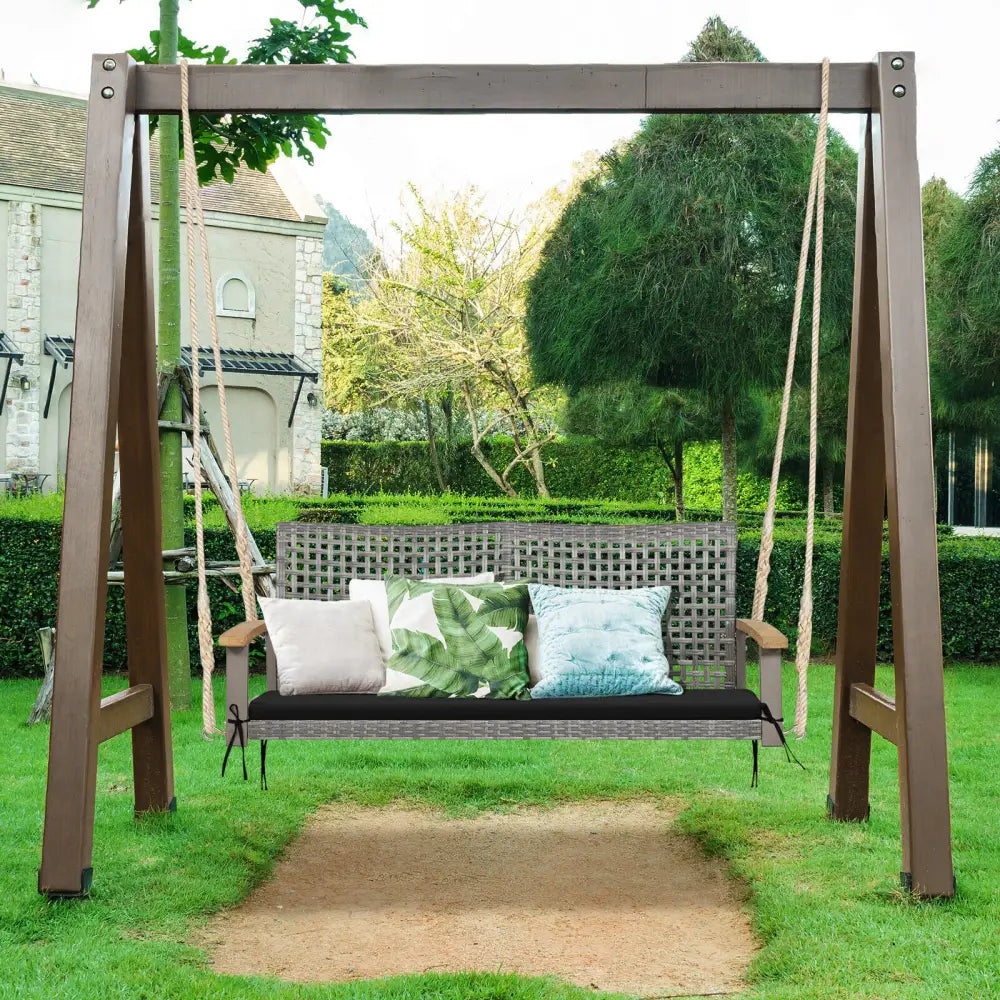 2-Person Patio Wicker Hanging Swing Chair-Black - Black - Porch Swings