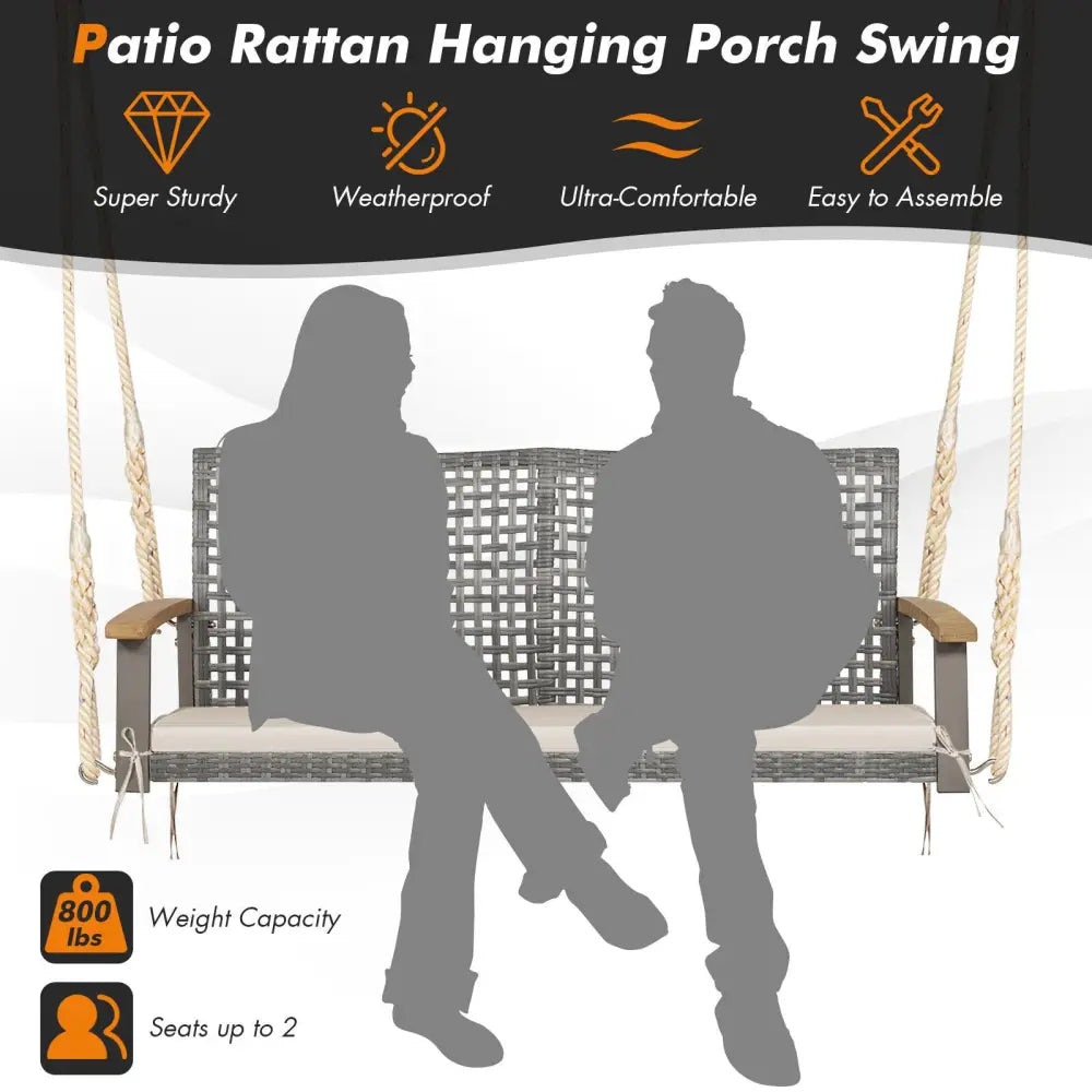 2-Person Patio Wicker Hanging Swing Chair-Off White - Off White - Porch Swings