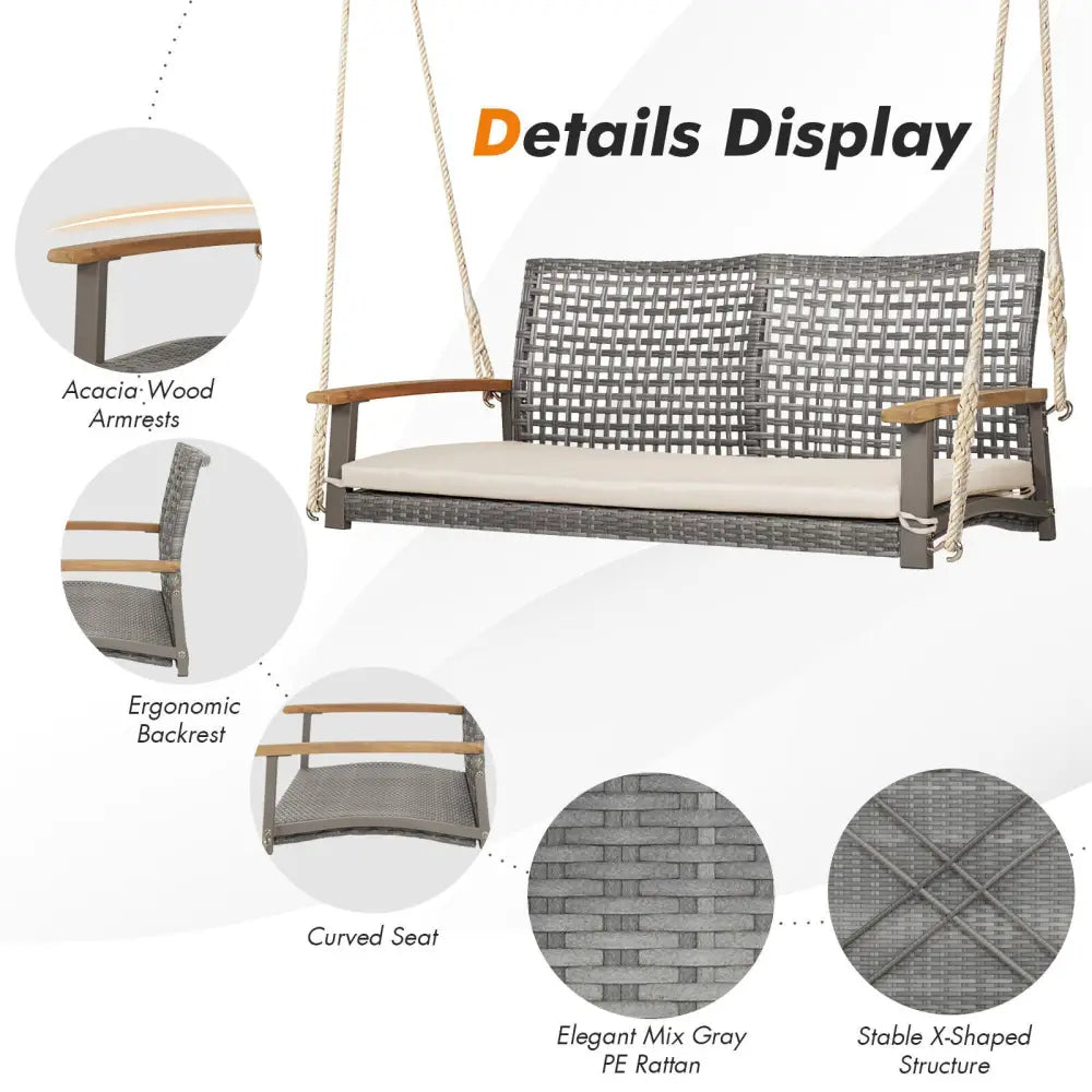 2-Person Patio Wicker Hanging Swing Chair-Off White - Off White - Porch Swings