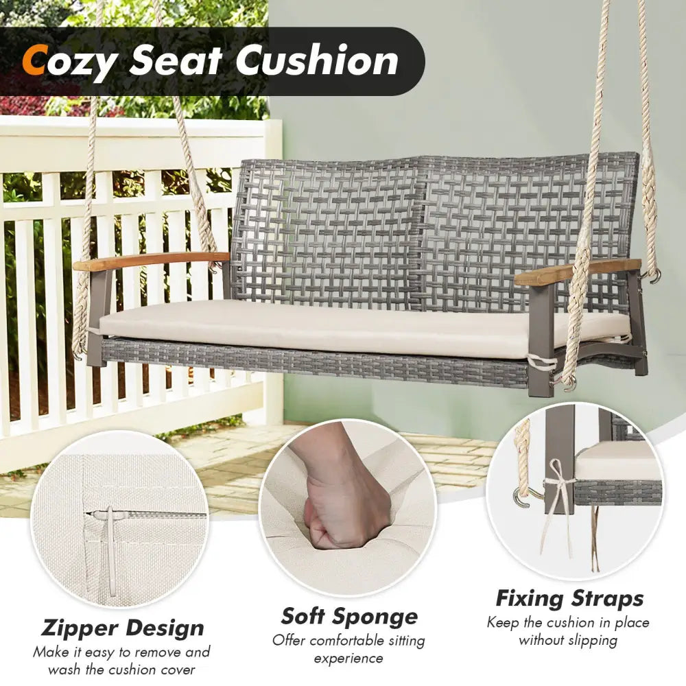 2-Person Patio Wicker Hanging Swing Chair-Off White - Off White - Porch Swings