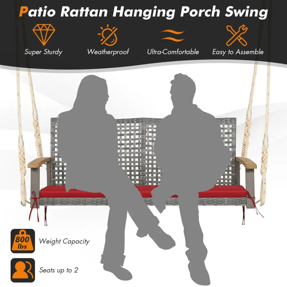 2-Person Patio Wicker Hanging Swing Chair-Red - Red - Porch Swings