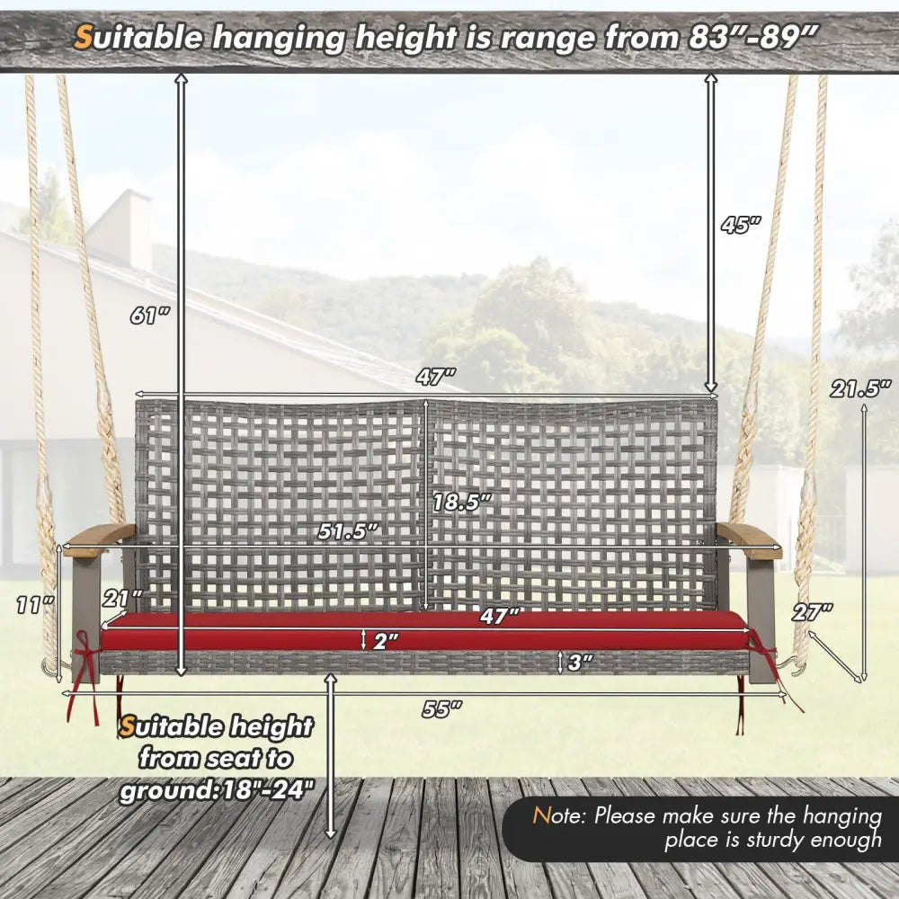2-Person Patio Wicker Hanging Swing Chair-Red - Red - Porch Swings