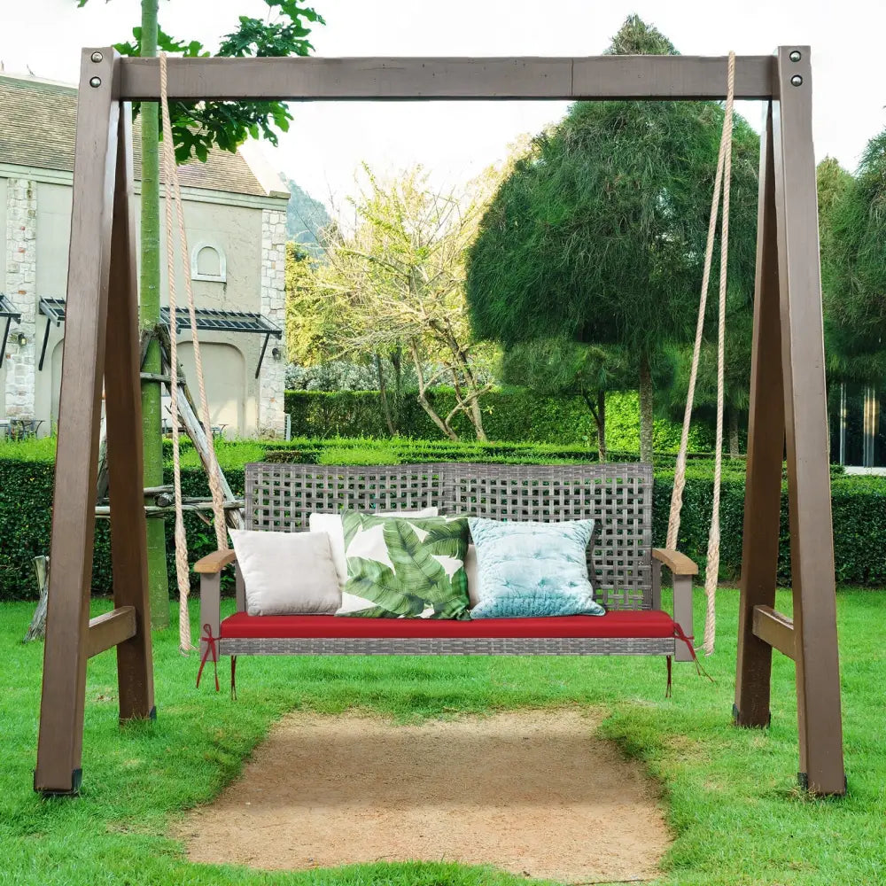 2-Person Patio Wicker Hanging Swing Chair-Red - Red - Porch Swings