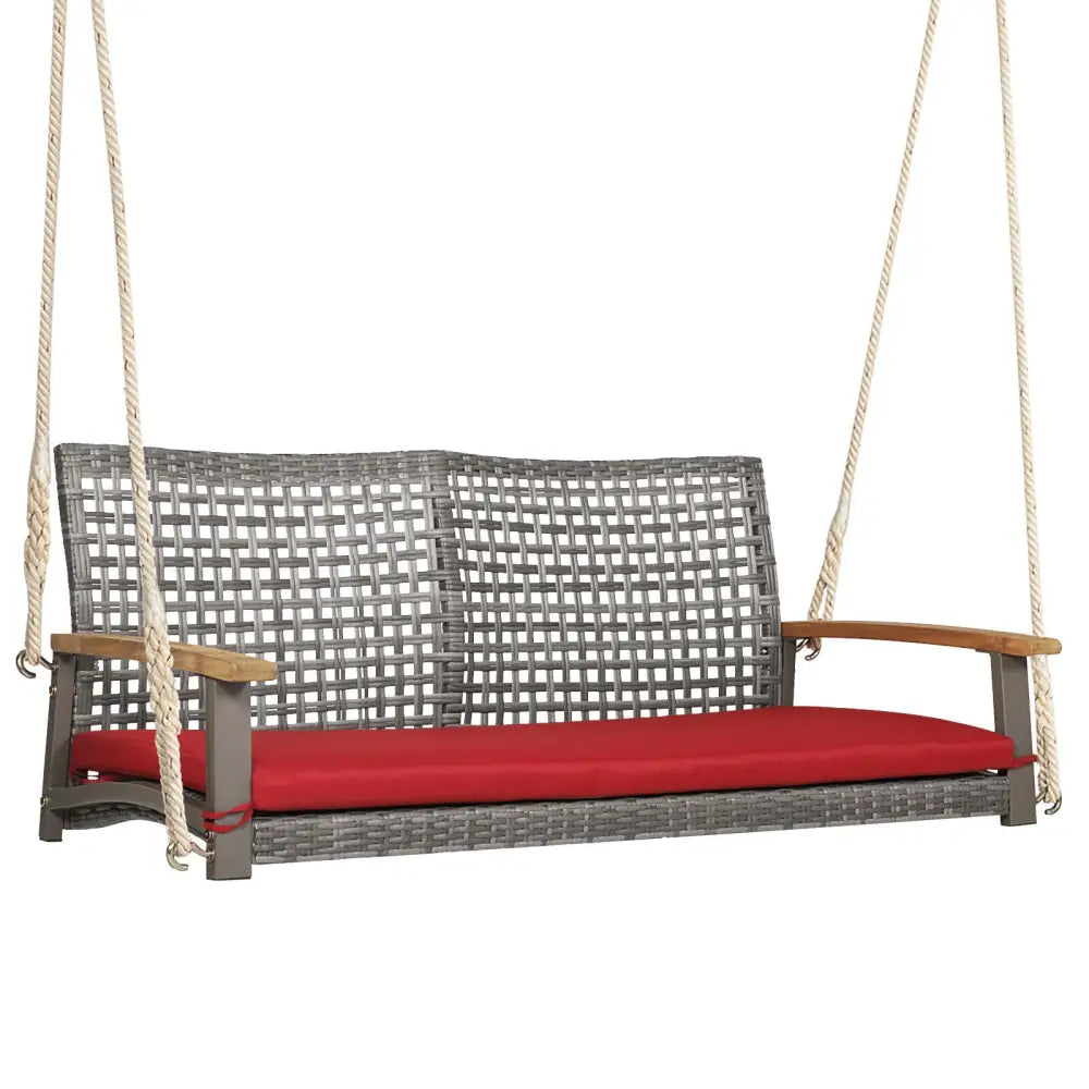 2-Person Patio Wicker Hanging Swing Chair-Red - Red - Porch Swings