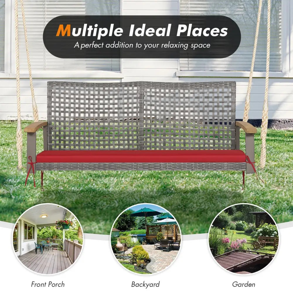 2-Person Patio Wicker Hanging Swing Chair-Red - Red - Porch Swings