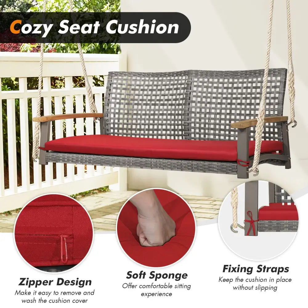2-Person Patio Wicker Hanging Swing Chair-Red - Red - Porch Swings