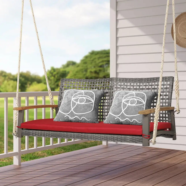 2-Person Patio Wicker Hanging Swing Chair-Red - Red - Porch Swings