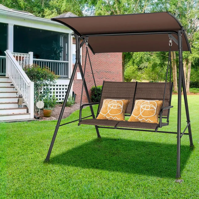 2 Person Porch Swing with Adjustable Canopy and Padded Seat-Brown - Brown - Porch Swings