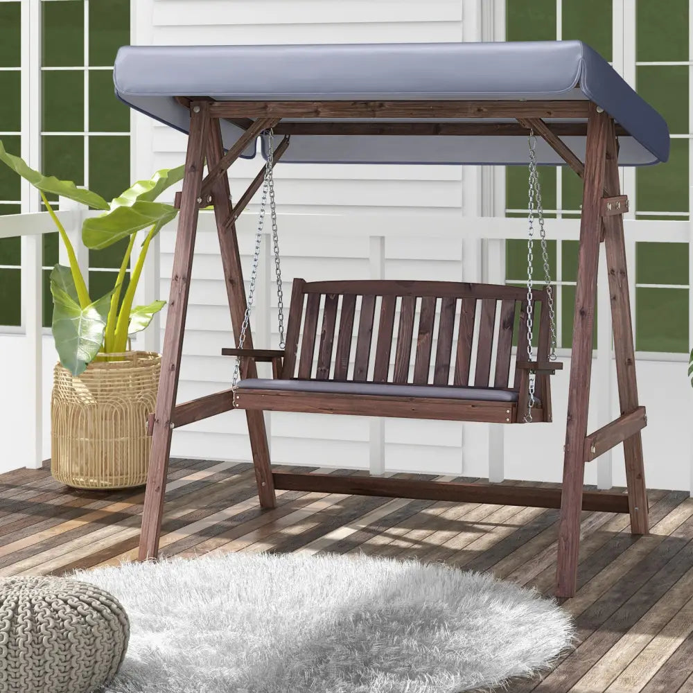 2-Person Porch Swing with Fir Wood Stand and Tilt Canopy-Brown - Brown - Porch Swings